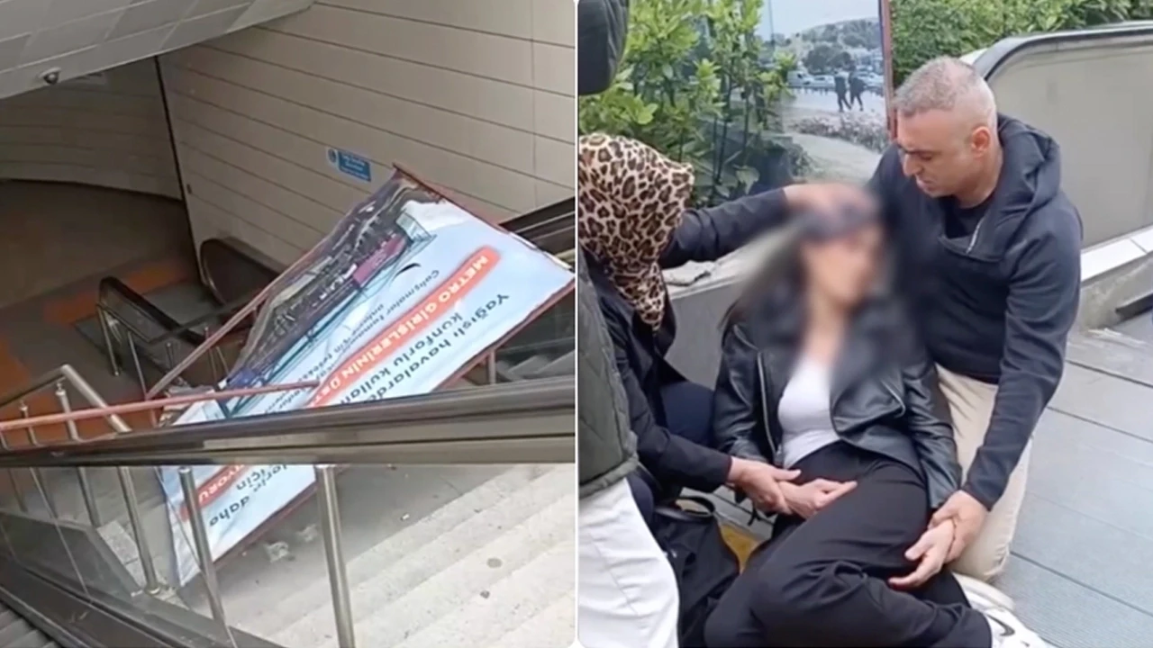 Metroda korku dolu anlar! Yürüyen merdivende üzerine reklam panosu düştü