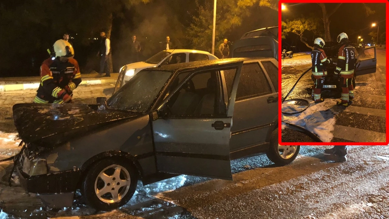 Balıkesir'de panik anları: Park halindeki araç alev alev yandı