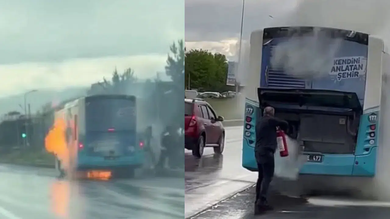 Erzurum'da belediye otobüsü yandı! Yolcuların panik dolu anları...