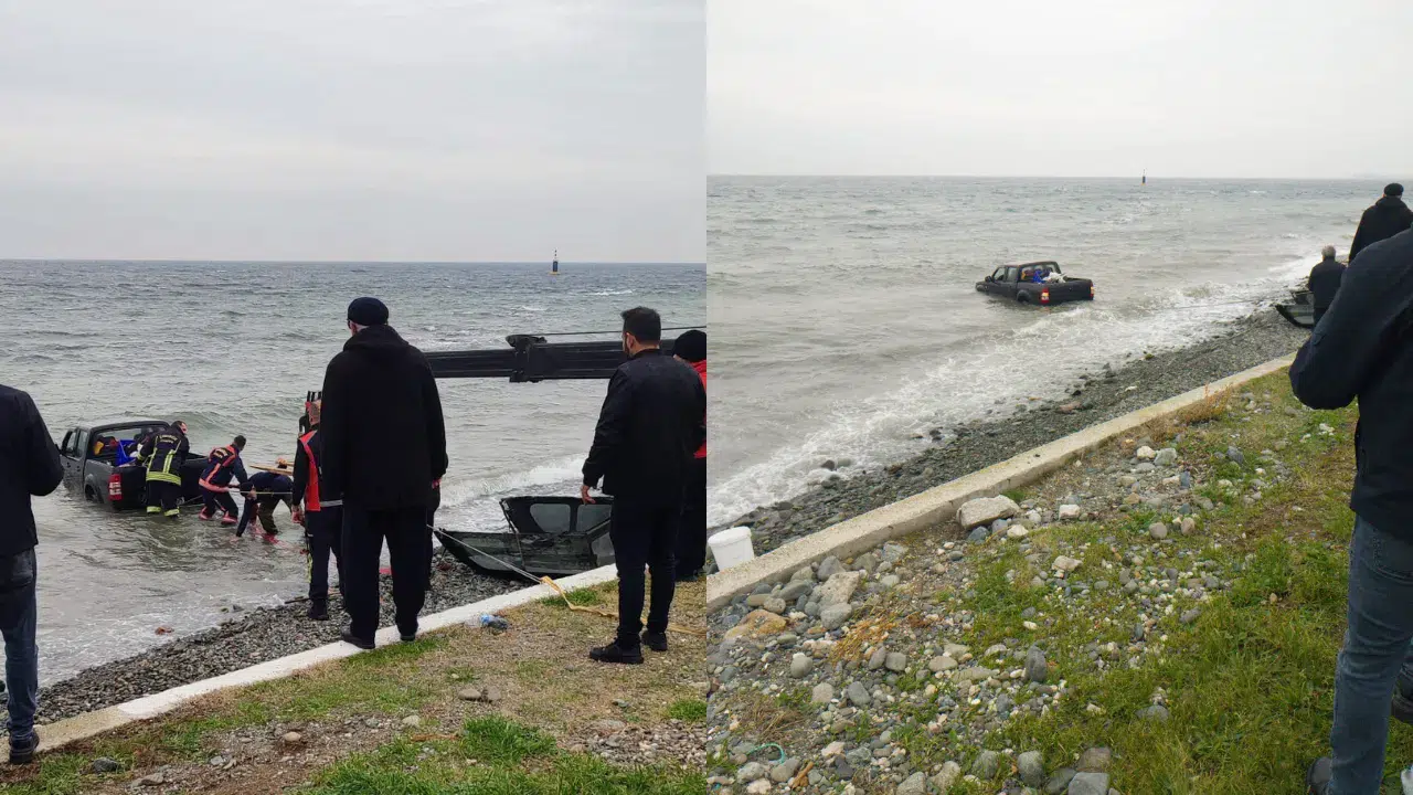 Yalova'da kontrolden çıkan pick-up denize uçtu