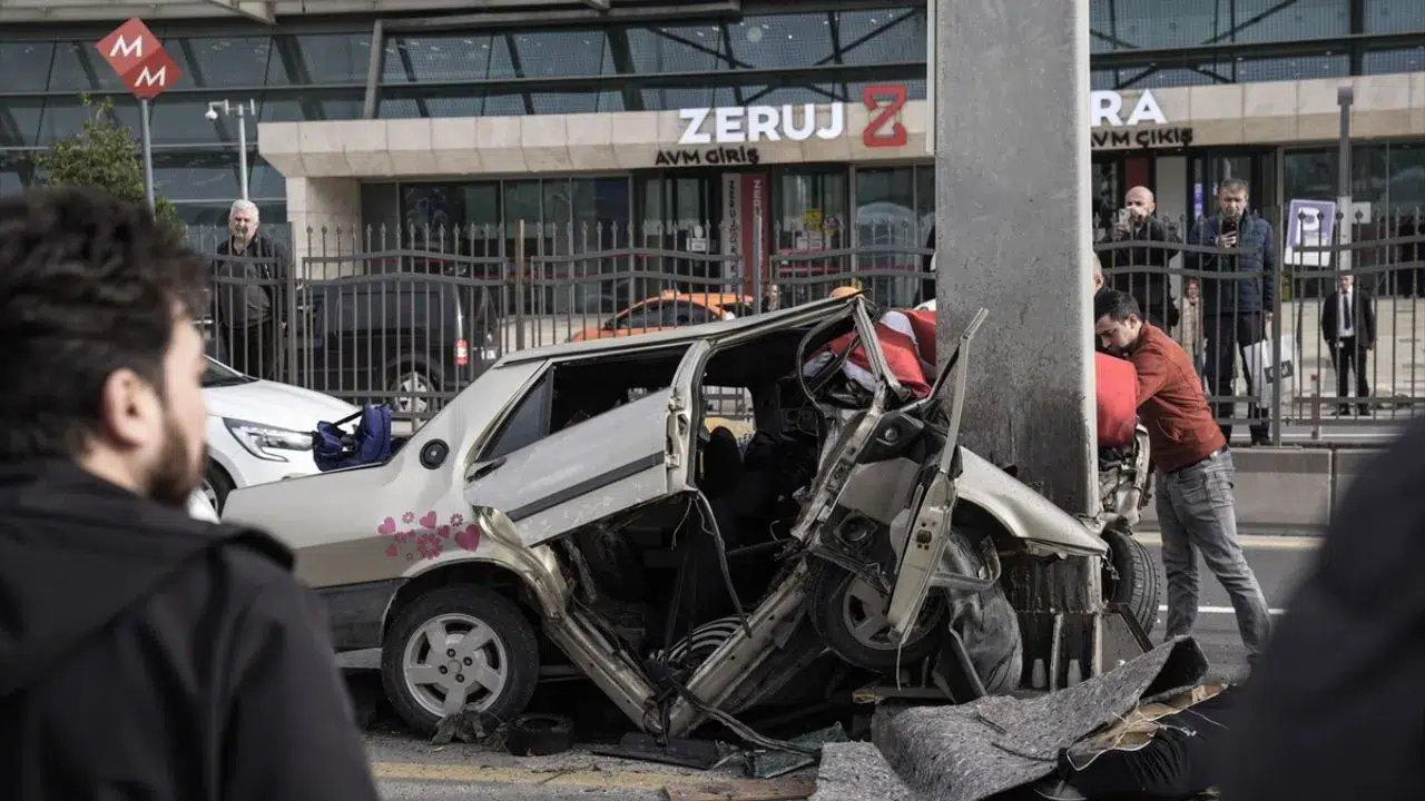 Ankara'da kontrolden çıkan araç direğe çarptı