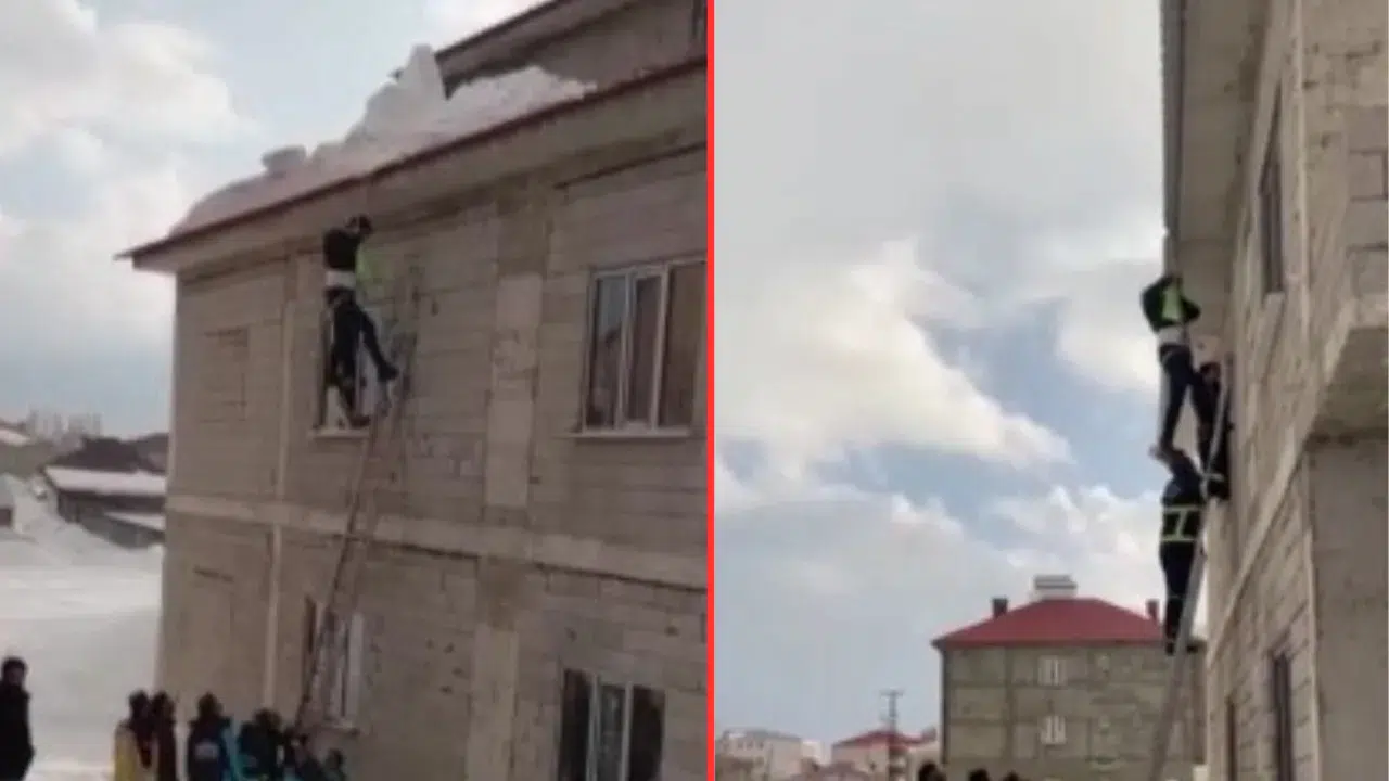 Hakkari'de yürekler ağza geldi : Ayağı kayan şahıs çatıda asılı kaldı