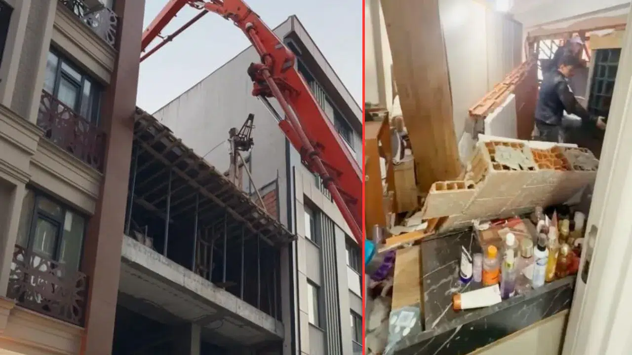 Zeytinburnu'nda inşattaki beton dökme çalışması sırasında yan binanın duvarı çöktü