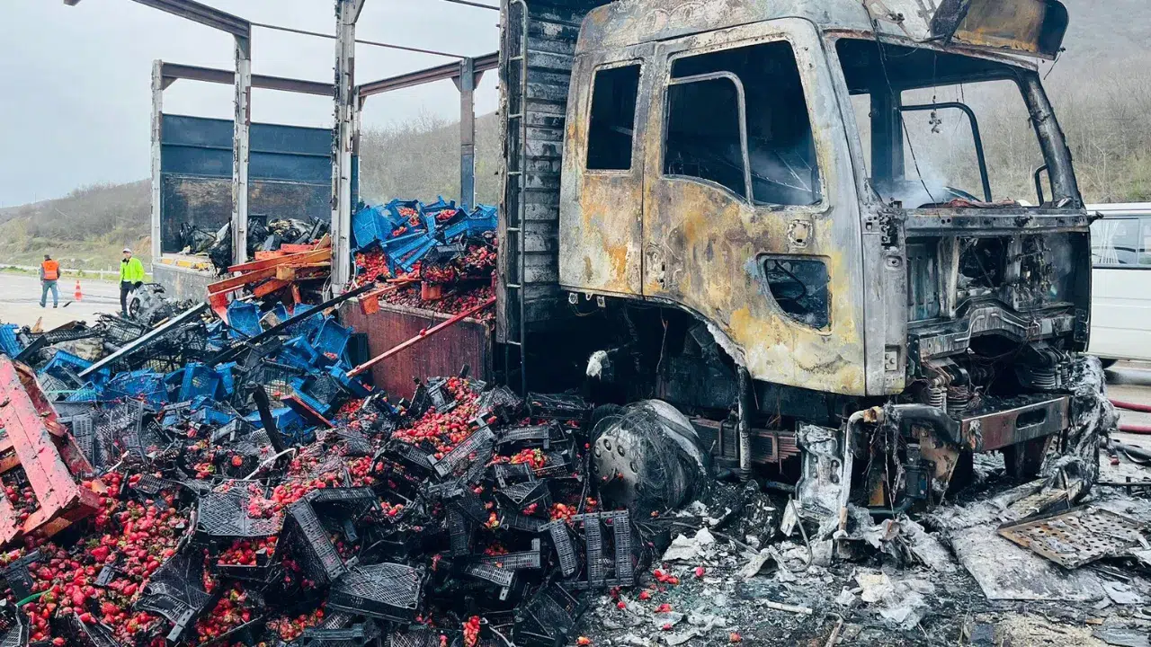 Tokat’ta çilek yüklü kamyon alev alev yandı