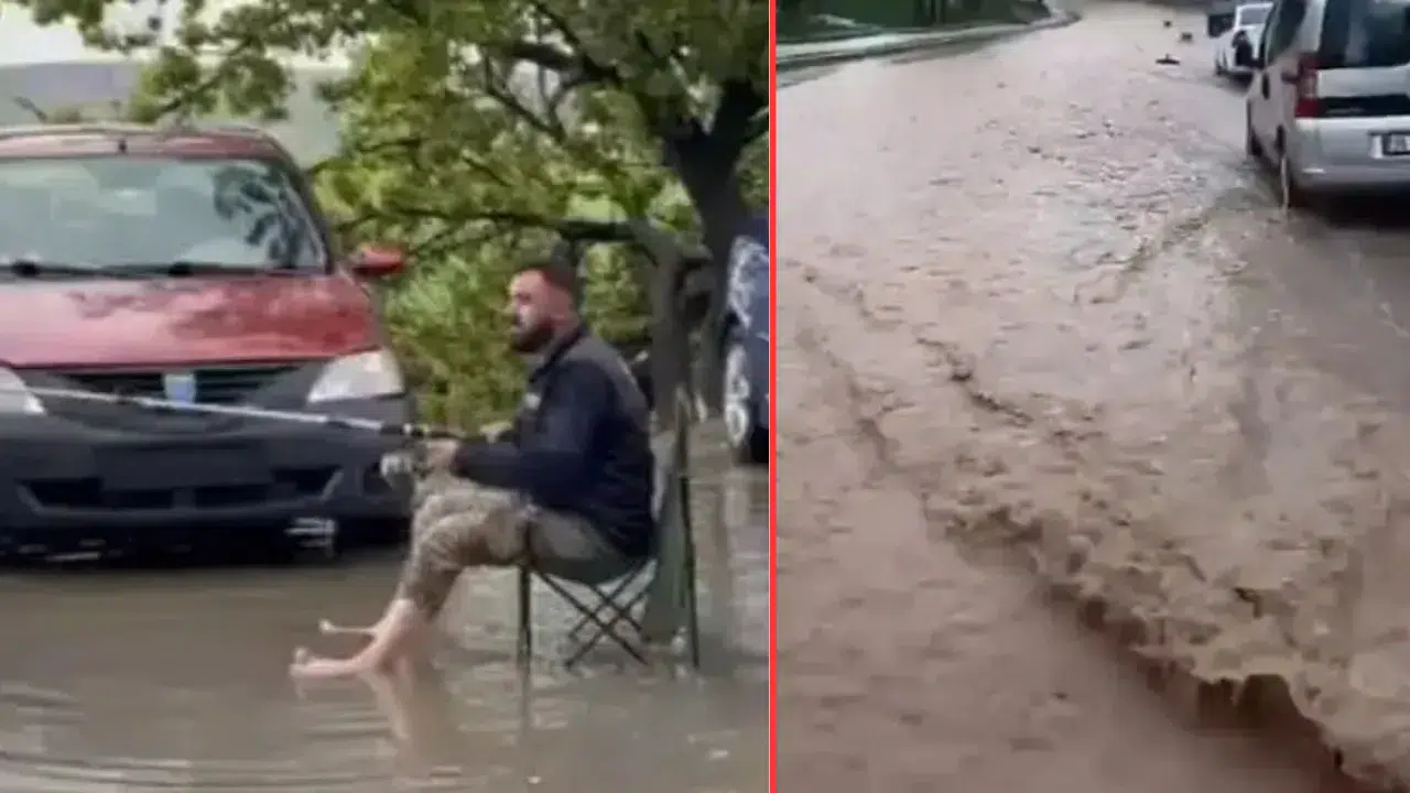 Ankara'da bir kişi, göle dönen yolda balık tutmaya çalıştı