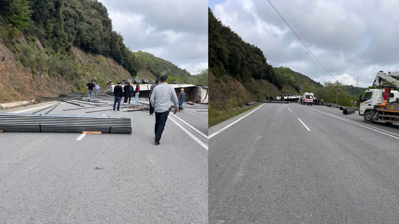 Zonguldak'ta demir yüklü tır devrildi : Yol trafiğe kapandı