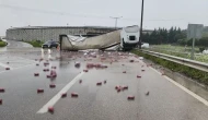 Bursa'da içki yüklü TIR devrildi, kutular yola saçıldı