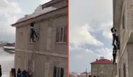 Hakkari'de yürekler ağza geldi : Ayağı kayan şahıs çatıda asılı kaldı
