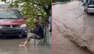 Ankara'da bir kişi, göle dönen yolda balık tutmaya çalıştı