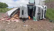 Amasya’da tavuk eti yüklü tır şarampole uçtu : 2 kişi yaralandı