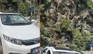 Rize'de otomobilin üzerine kaya düştü : Sürücü ölümden döndü