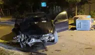 Edirne'de kontrolden çıkan otomobil park halindeki araca ve çöp konteynerlerine çarptı