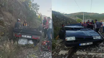Feci kaza! Otomobil tren yoluna uçtu