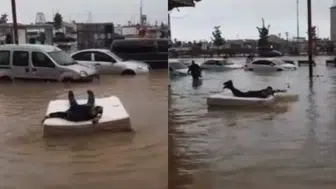 Yatakla suya açılan vatandaş gündem oldu! Trabzon’da ilginç görüntüler