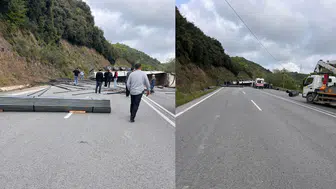 Zonguldak'ta demir yüklü tır devrildi : Yol trafiğe kapandı