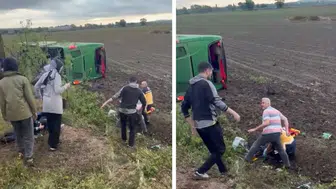 Çanakkale Biga'da yolcu otobüsü tarlaya devrildi : Çok sayıda yaralı var