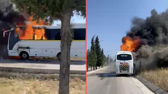 Bursa'da seyir halindeki servis otobüsü alev alev yandı