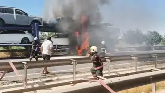 Şanlıurfa Viranşehir'de otomobil yüklü tır alev alev