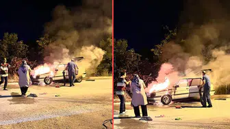 Ankara'da seyir halindeki otomobil alevlere teslim oldu