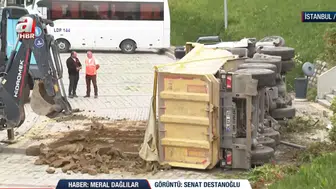 İstanbul Eyüpsultan'da Hafriyat Kamyonu İSKİ Binasının Bahçesine Düştü