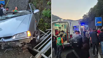 İstinat duvarına dalan otomobil kağıt gibi ezildi; 3 kişi yaralandı