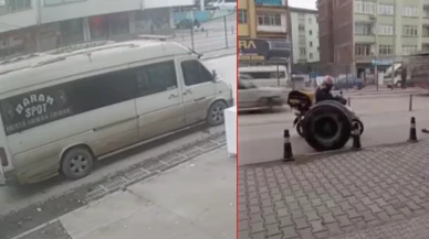 Karabük'te korkutan anlar kamerada: Motokurye kamyondan fırlayan lastiğe müdahale etti