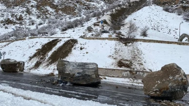 Van'da yamaçtan kopan dev kayalar yolu kapattı!