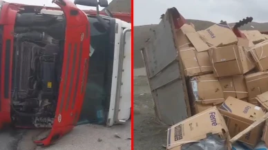 Erzincan'da feci kaza! Beyaz eşya yüklü tır devrildi