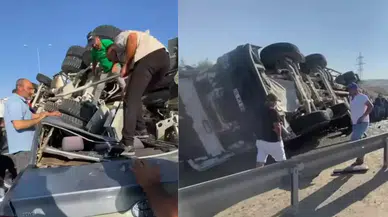 Beton mikseri otomobilin üzerine devrildi!