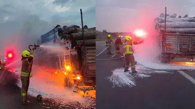 Susurluk'ta tomruk yüklü tır alev aldı!