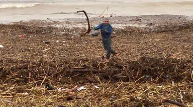 Mersin'de sel sonrası deniz kahverengi oldu, sahiller odun doldu