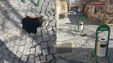 Denizli'de tarihi altyapı çöktü, yol trafiğe kapatıldı