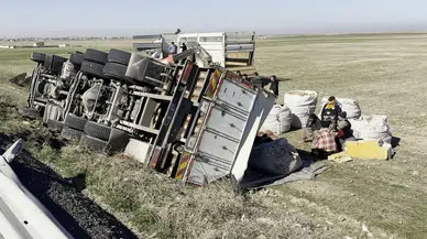 Patates yüklü kamyon şarampole devrildi : Patatesler yola döküldü , sürücü yaralandı