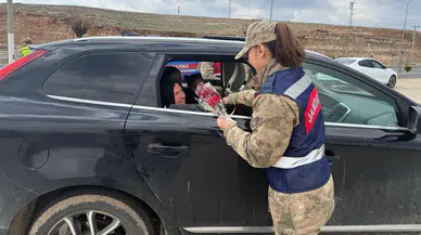 Mardin'de jandarma, kadın sürücülere karanfil hediye edip KADES'i anlattı