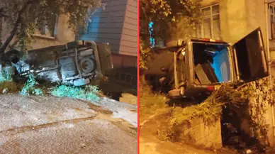 Giresun'da takla atan ticari araç, apartman boşluğuna düştü
