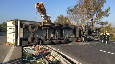 Bolu'da kontrolden çıkan tır devrildi : Trafik kitlendi, sürücü yaralandı