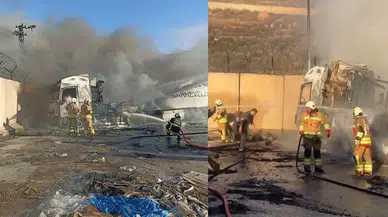 Hatay Reyhanlı’da korkutan yangın : Park halindeki tırlar küle döndü
