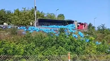 TEM Otoyolu'nda kömür yüklü kamyon devrildi