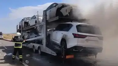 Ağrı'da otomobil yüklü tır alev alev yandı