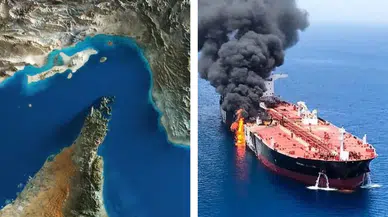Hürmüz Boğazı'nda gerilim : Kimliği belirsiz cisimle vurulan yük gemisi alev aldı