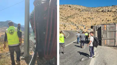 Ponza madeni yüklü tır virajda devrildi, 1 kişi ağır yaralandı