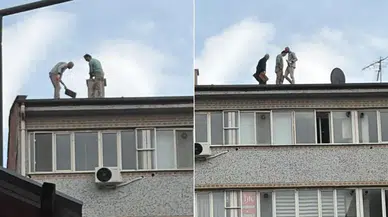 Elazığ'da Binanın Çatısında Tehlikeli Tadilat Anları