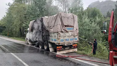 Karabük'te odun yüklü kamyon yandı!