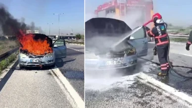 D100 karayolunda korkutan anlar: Otomobil alev alev yandı