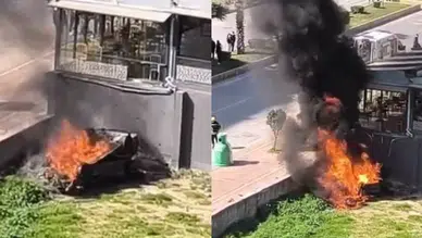 Mersin’de iş yerinin duvarına çarpan otomobil alev aldı : Sürücü yaralı