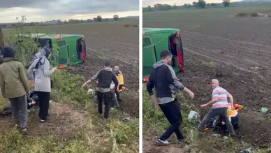 Çanakkale Biga'da yolcu otobüsü tarlaya devrildi : Çok sayıda yaralı var