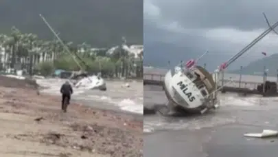 Marmaris’te şiddetli fırtına felakete döndü! 3 tekne karaya vurdu