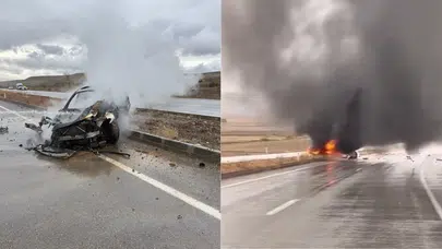 Tokat'ta kayganlaşan yolda kaza yapan otomobil alev aldı!