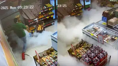 Üsküdar’da markette panik anları: Yangın tüpü kazara boşaldı
