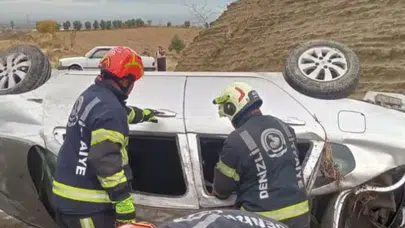 Denizli’de yoldan çıkan otomobil takla attı: 2 yaralı